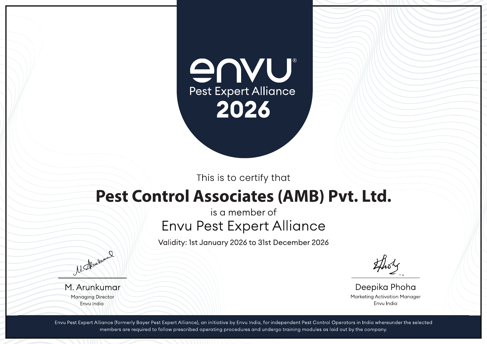 Envu Pest Expert Alliance 2026 membership certificate for Pest Control Associates (AMB) Pvt. Ltd.